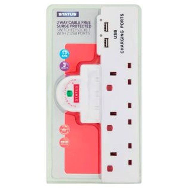 Surge Protected Socket 3 Gang with 2 USB Ports