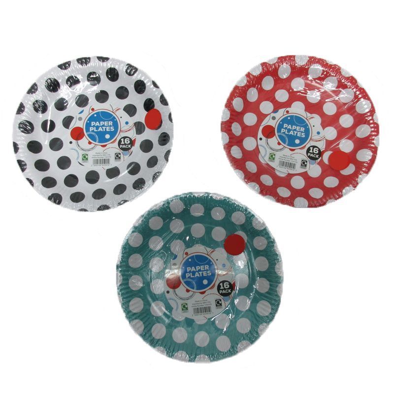 16 Pack of Paper Plates - White with Black Spots