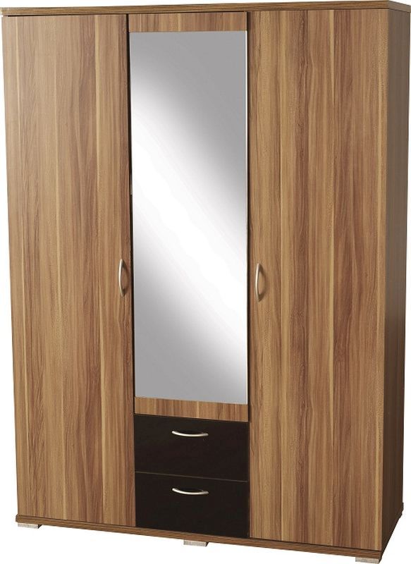 Hollywood Mirrored Wardrobe (3 Door 2 Drawer) - WALNUT VENEER/BLACK GLOSS