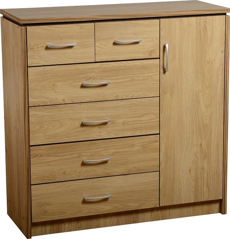 Charles 1 Door 6 Drawer Chest - OAK VENEER/WALNUT TRIM