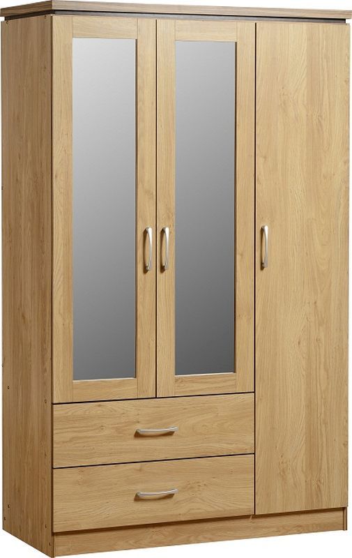 Charles 3 Door 2 Drawer Mirrored Wardrobe - OAK VENEER\WALNUT TRIM