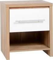 See more information about the Seville 1 Drawer Bedside Cabinet in Light Oak Veneer/White High Gloss