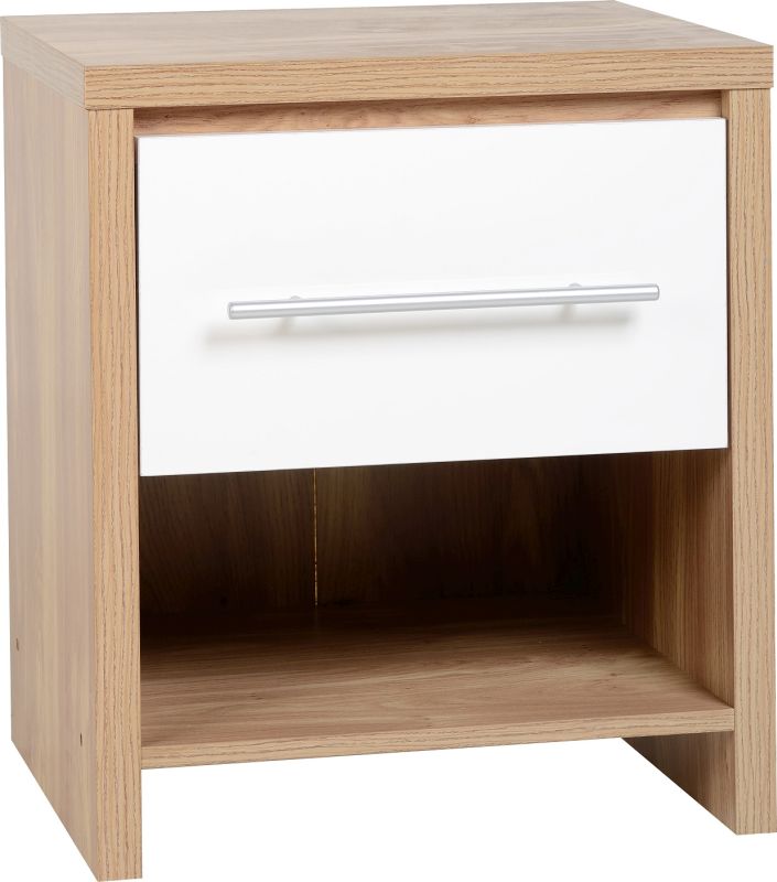 Seville 1 Drawer Bedside Cabinet in Light Oak Veneer/White High Gloss