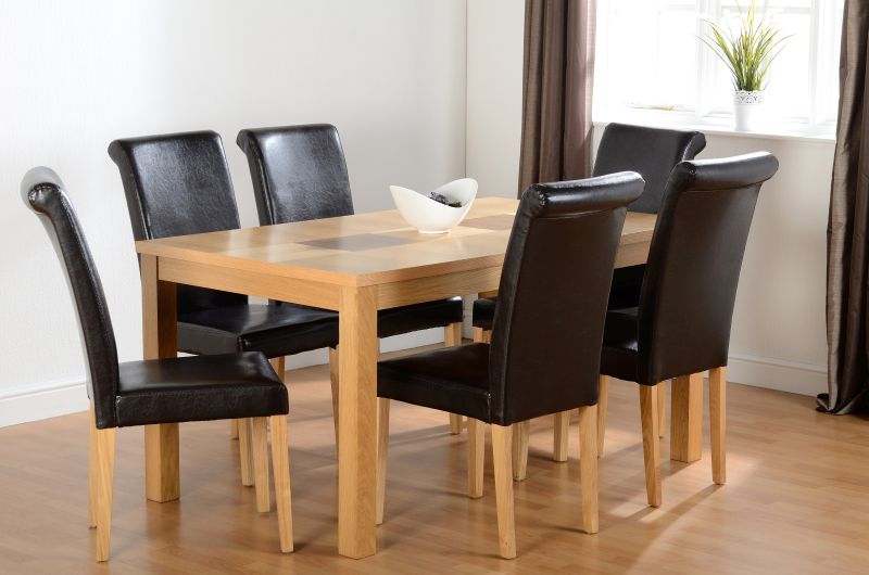 Wexford 59" Dining Set - Dunoon Chair in Oak Veneer/Walnut Inlay/Expresso Brown PU