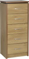 See more information about the Charles 5 Drawer Narrow Chest in Oak Effect Veneer with Walnut Trim