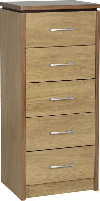 Charles 5 Drawer Narrow Chest in Oak Effect Veneer with Walnut Trim